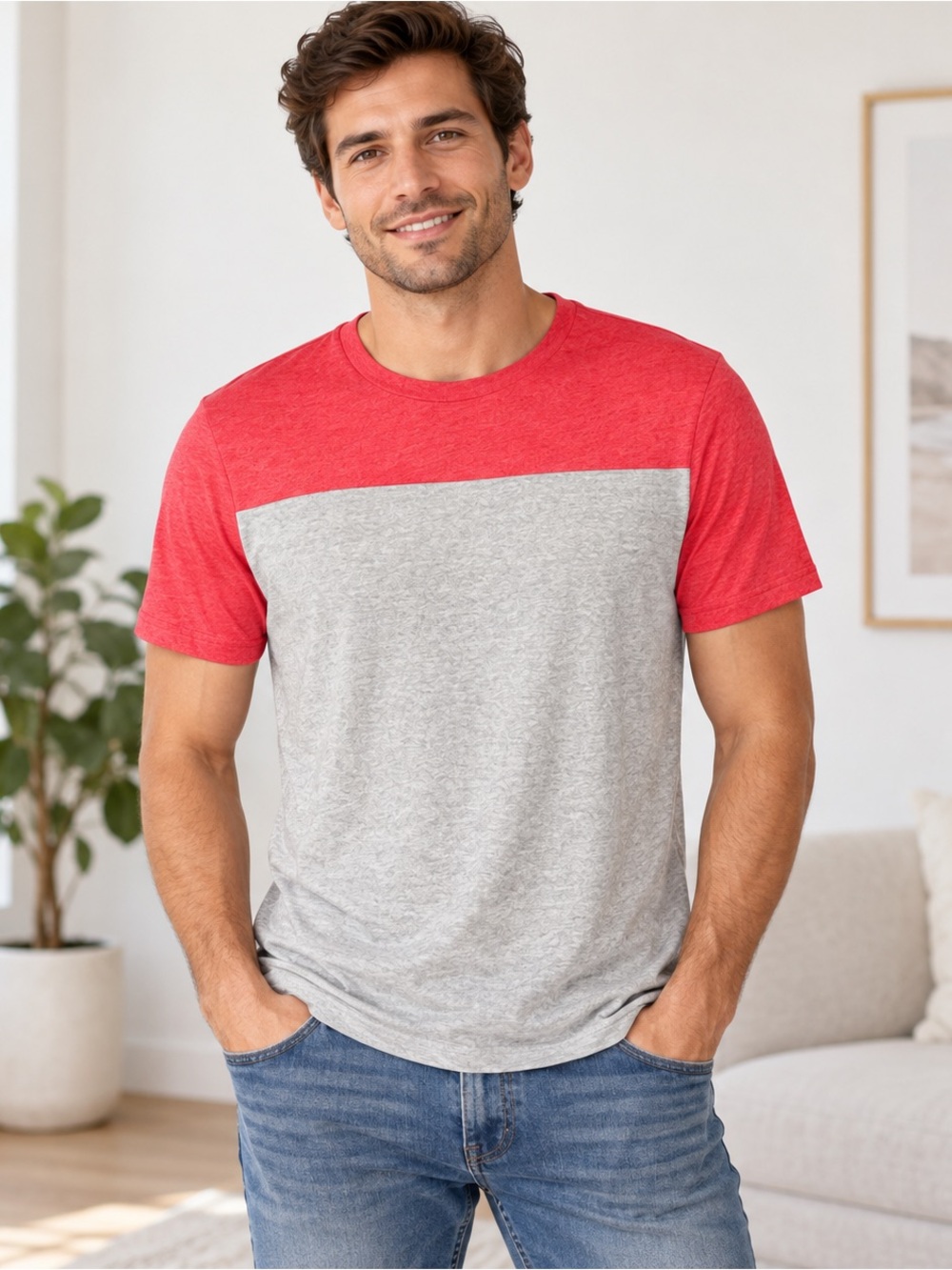 Urban Pipeline Men’s Medium Red Gray Colorblock Soft Crew Neck T-Shirt